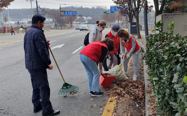 식사동 통장협의회가 지역 내 보행자 안전과 빗물 고임 방지를 위해 ‘낙엽 치우기’ 봉사 활동을 했다. 