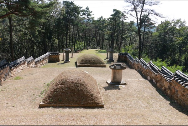 부친 최원직의 묘 아래에 최영장군과 부인 문화 유씨의 합장묘가 살짝 각을 틀어 조성되었다. 묘역에는 곡장(曲墻)이 설치되어 장군의 높은 위상과 고귀한 인품을 말해 주고 있다. 사진제공 = 고양문화원