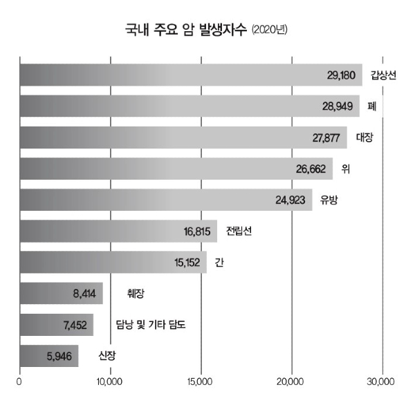 2020년 국내 주요 암 발생자수 [자료 = 보건복지부, 중앙암등록본부 2020년 국가암등록통계]