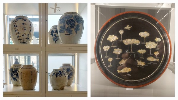 왼쪽 사진이 해주항아리다. 실제로 보면 상당히 큰데, 이렇게 큰 백자 항아리를 실생활에 썼다는 사실이 놀랍다. 오른쪽 사진은 자개문양이 멋진 소반. ⓒ 오창환