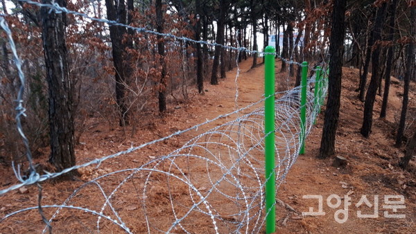 산책로를 가로막은 가시철조망 울타리. 