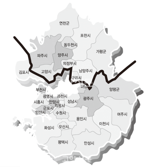 ▲ 한강을 기준으로 경기북부와 경기남부를 나눈 모습. 경기북부 인구는 현재 약 350만명이다.