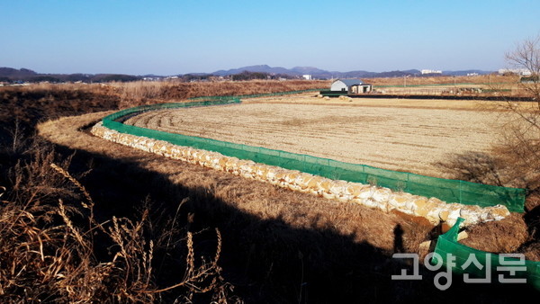 공사가 중단된 공릉천 하구 제방 옆 배수로. 임시로 조치된 모래주머니가 삭아 터져버린 모습을 볼 수 있다.