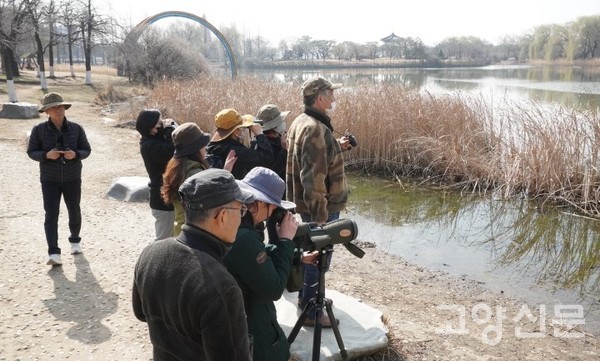 생태호수에서 물새들을 관찰하는 참가자들.
