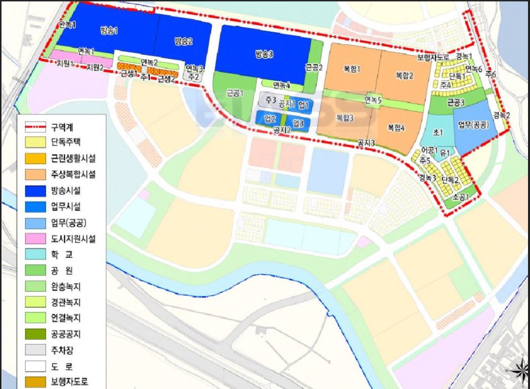 방송시설용지 3개 필지(파란색)의 면적은 16만8466㎡(약 5만평)으로 고양방송영상밸리 총 면적 70만1984㎡(약 21만평)의 24%에 해당한다.