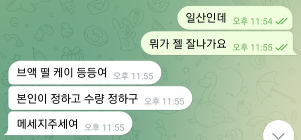 구매자로 가장한 기자와 유저 B씨 간 텔레그램 대화 캡처본.