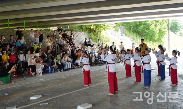 나라찬부부태권도장 어린이 시범단의 품새 시연.