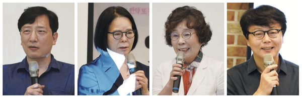 (사진 왼쪽에서부터) 최인훈 작가의 아들 최윤구 음악칼럼니스트. 전태일 열사 여동생 전순옥씨. 유시춘 EBS 이사장. 이광호 문학과지성사 대표. 사진 = 황혜영 인턴기자.