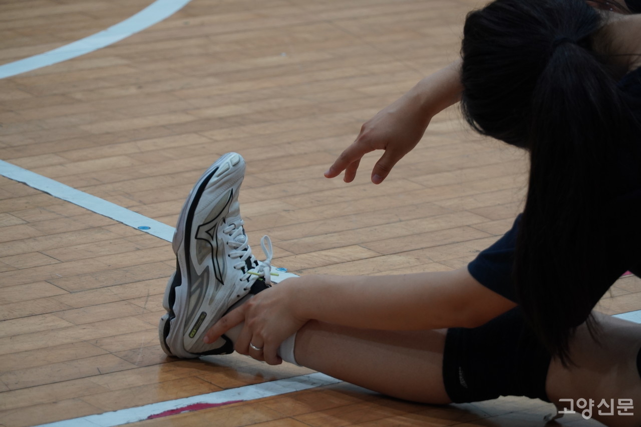 수강생들이 배구 클래스 전후로 각자 스트레칭을 통해 몸을 풀고 있다.