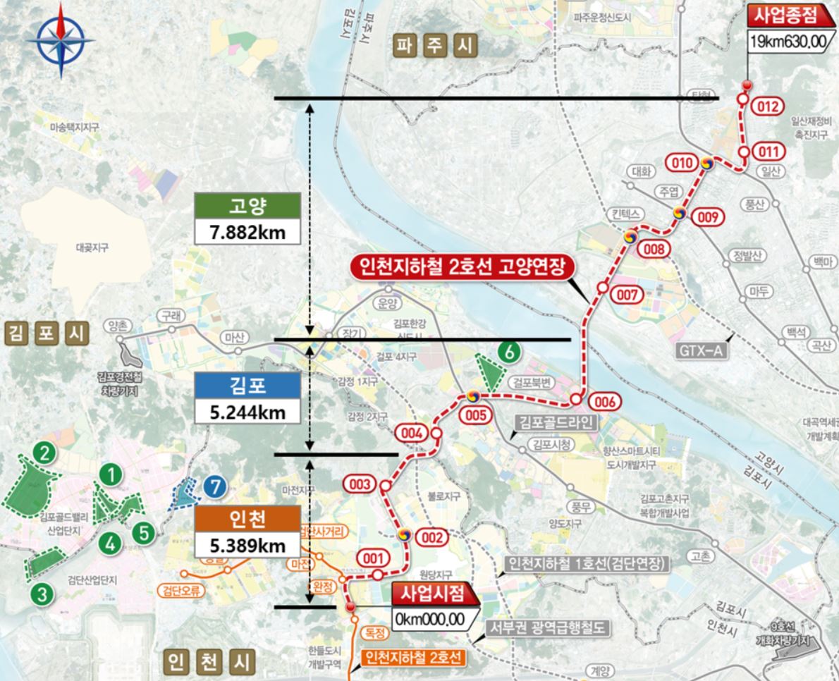 인천2호선 고양연장노선은 총 19.63km(고양시 구간 8.32km)로 고양시 구간은 일산테크노밸리, 킨텍스역, 주엽역, 일산역, 산들마을사거리, 중산지구 등 6개 역이 예상되고 있다