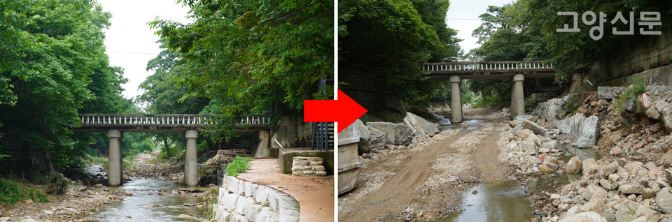 왼쪽은 1년 전 사진. 현재는 석축과 산책로가 모두 무너져내렸다. 