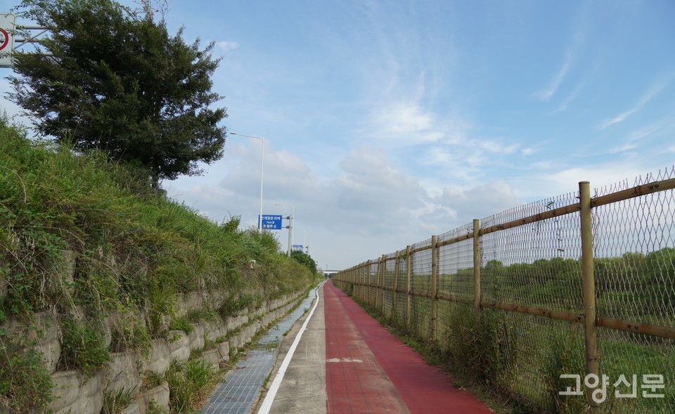자유로 건너 한강을 조망하며 걸을 수 있는 DMZ평화의길 일부 구간. 