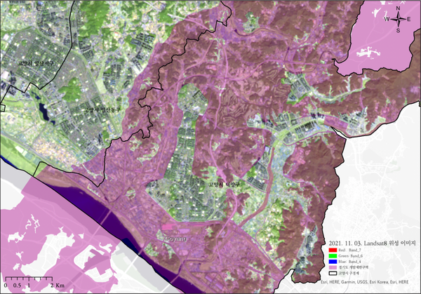 2021년 고양시 개발제한구역 전경. 자료 위 분홍색으로 표시된 지역이 개발제한구역(그린벨트)이다. [자료제공=고양시정연구원]