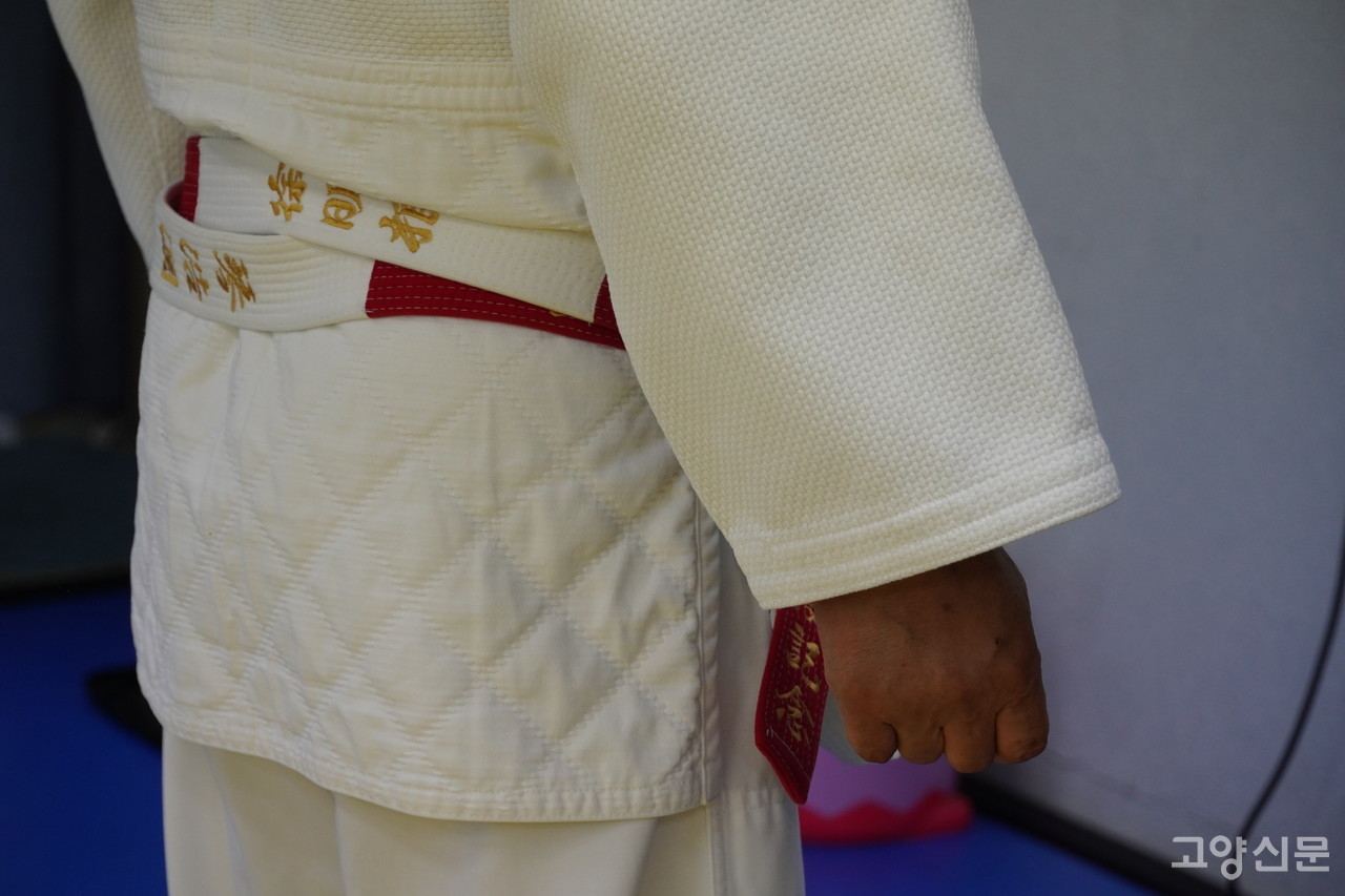 이 회장이 맨 띠와 같이 빨간색과 흰색이 섞여있는 것이 '용띠'다.