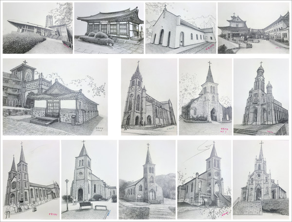 박등기 작가의 개인전에 전시된 성당 그림들.