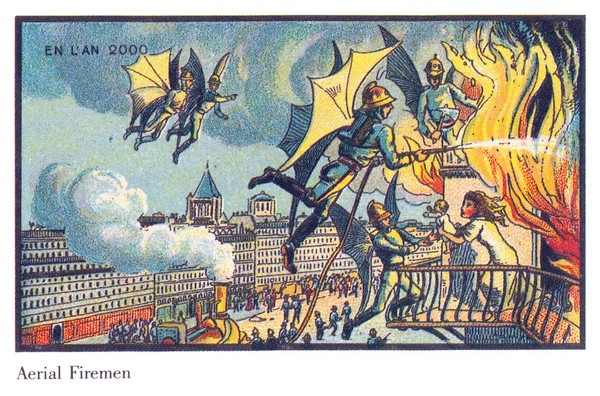 1900년 프랑스 만국박람회 기념엽서에 그려진 '하늘을 나는 개인이동수단'.