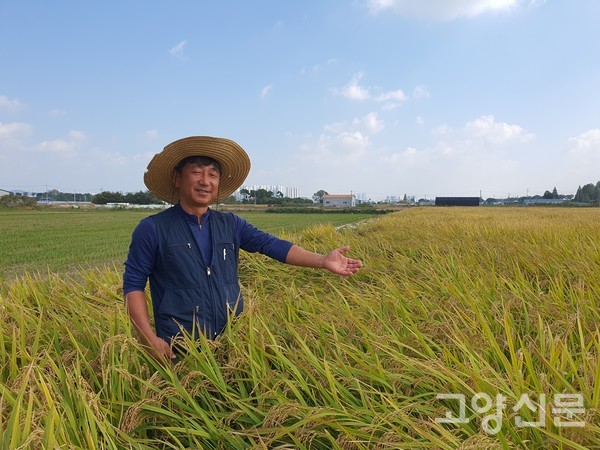 노재국 이사가 '가와지1호' 품종을 가리키고 있다.