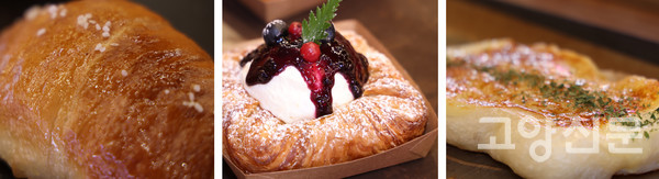 비비하우스에는 데니쉬 블루베리, 두둥실 스트로베리 식빵 등 각양각색의 베이커리 종류가 있다.