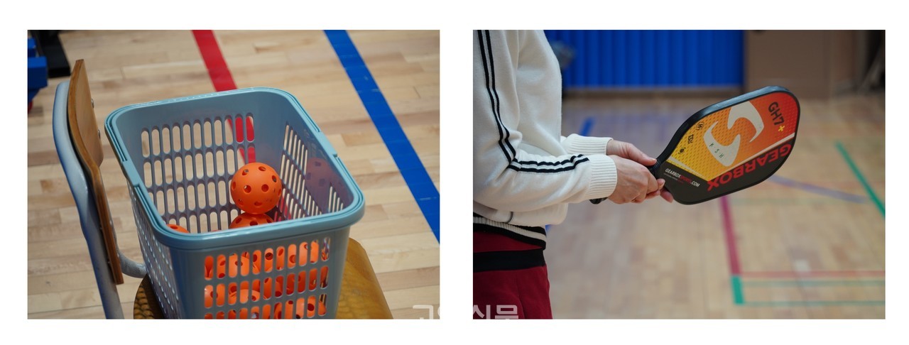 피클볼 전용 공(왼쪽)과 전용 패들(오른쪽)