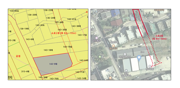 (왼쪽부터) 삼송동143-9 일원을 지나는 소로2-399의 지적도. 동일 소로를 촬영한 위성사진. 해당 소로2-399는 지적도 상에는 존재하나 실제로는 집행되지 않은 도로로, 사실상 유령도로인 셈이다.