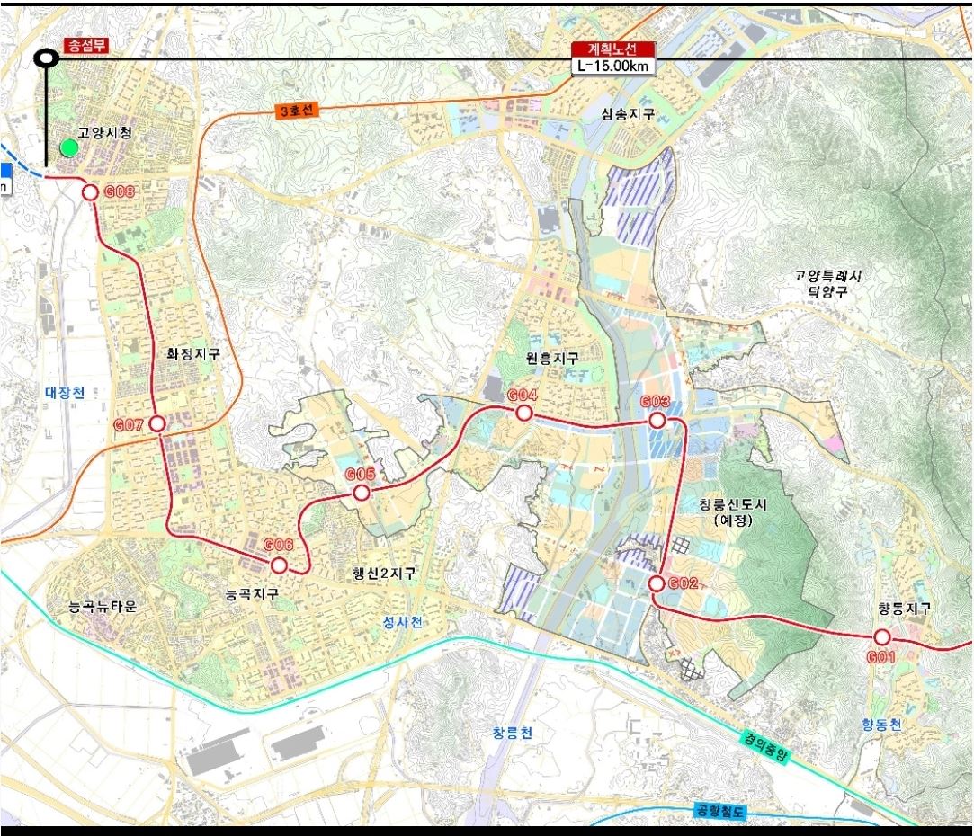 경기도가 수립한 '고양은평선 광역철도 타당성 조사 및 기본계획'에 나타난 8개 역 위치.