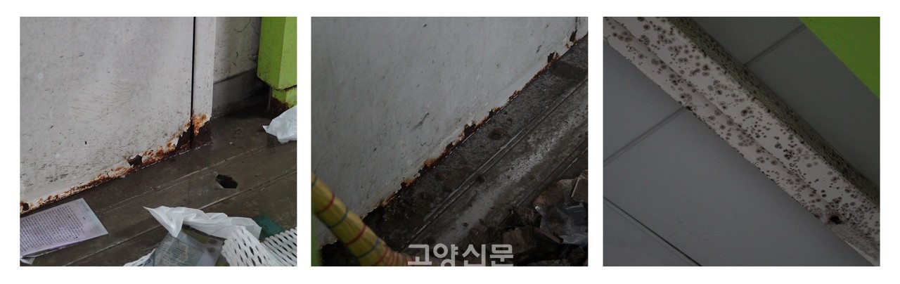 (사진 왼쪽부터) 배수로 위로 물이 차 올라 있는 모습, 물이 장시간 고여 있으면서 부식된 철문과 곰팡이가 핀 천장.
