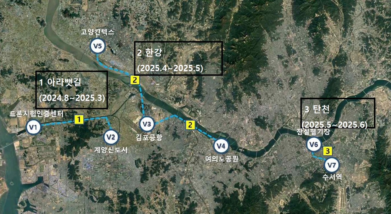 국토부가 계획하고 있는 UAM 수도권 실증노선. 국토부 계획상 킨텍스~김포공항간 약 14km에 대한 노선 실증은 2025년 4~5월 동안 이뤄진다. 자료 = 국토부
