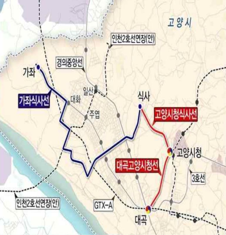 고양시가 제안한 대곡~고양시청~식사선(6.3km) 노선과 가좌~식사선(13.5km) 노선.