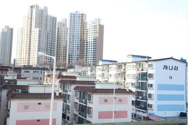 원당 6·7구역 내의 개나리 아파트와 장미 빌라.