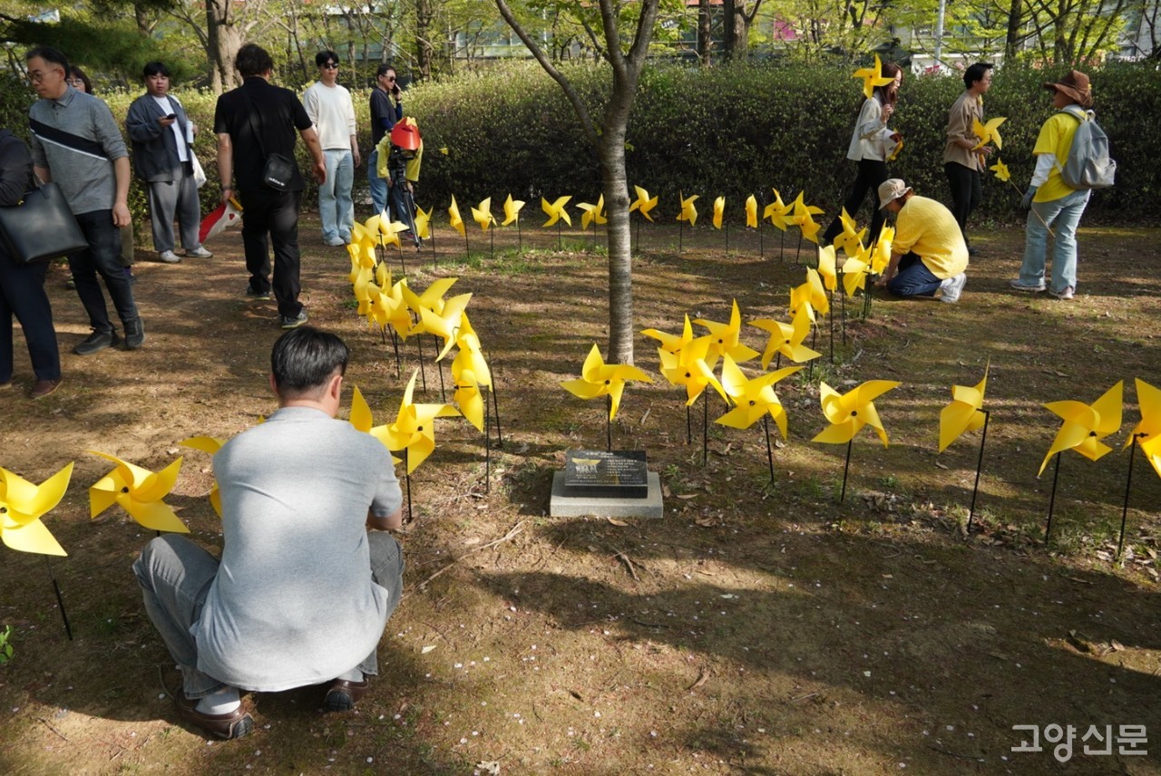 시민들이 '세월호 기억나무'를 둘러싼 바람개비를 심는 퍼포먼스를 펼치고 있다. 