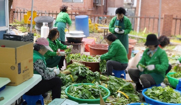 관산동 새마을부녀회원들이 배추를 다듬고 있다.