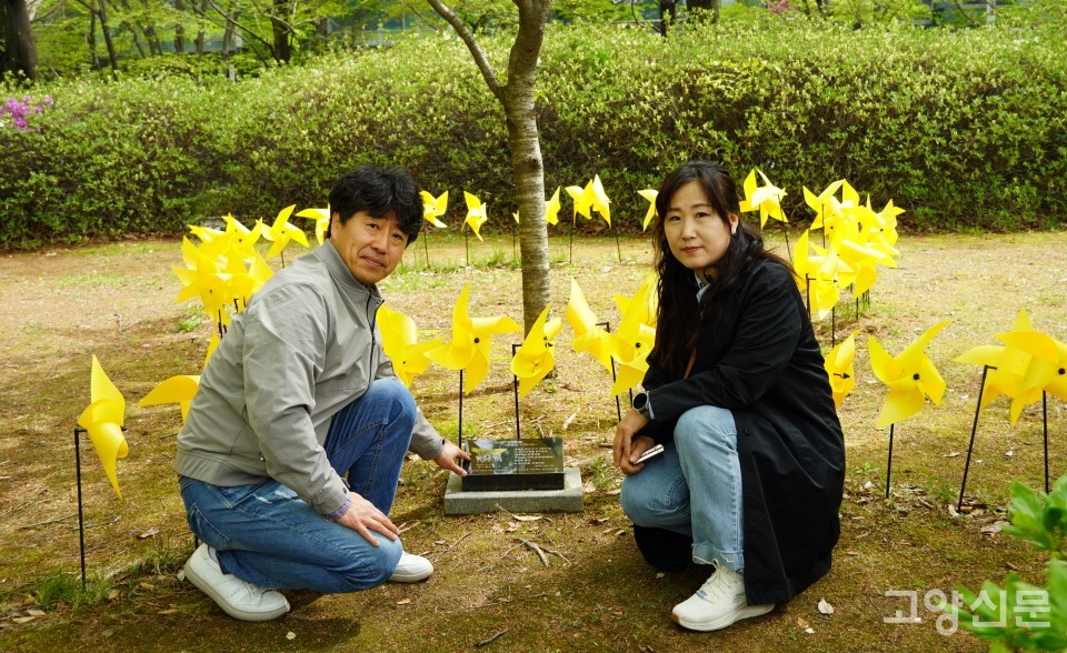 일산문화광장 한쪽에서 가라는 '세월호 기억의 나무'에 대해 설명을 들려준 이우창, 장윤정씨.