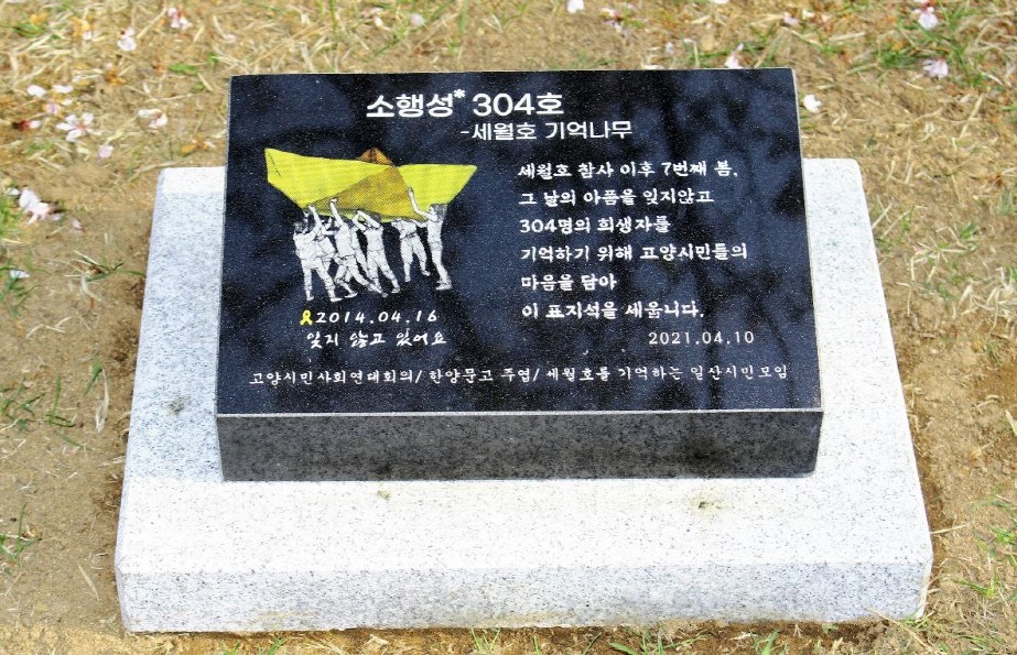 세월호 기억의 나무 앞에 놓인 표지석. 304명 희생자들을 기리는 마음을 담아 기억나무에 '소행성 304호'라는 이름을 붙였다. [사진제공=세월호를기억하는일산시민모임]
