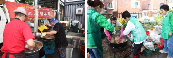 봉사단체 일우회(왼쪽)와 관산동 새마을부녀회(오른쪽)가 음식을 준비하고 있다.