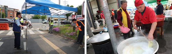 김문식 관산동 주민자치회장과 직능단체가 천막을 펴고 있다(왼쪽). 박성만 일우회 회장(노란옷)이 면의 상태를 확인하고 있다.