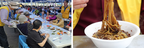 관산동 직능단체 회원들이 음식을 봉사하고 있다. 일우회가 어르신들을 위해 준비한 짜장면.