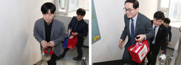 최찬영 일산종합사회복지관장(왼쪽)과 황진선 일산새마을금고 이사장(오른쪽)이 물품을 나르고 있다.