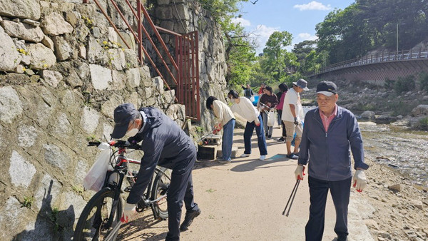 효자동 통장협의회가 깨끗한 마을을 만들기 위해 창릉천 솔내음 누리길 일대에서 마을 대청소를 했다.