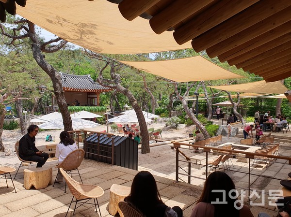 멋스런 한옥 처마의 그늘 아래서 통기타가수들의 라이브공연 들으며 힐링하는 고객들