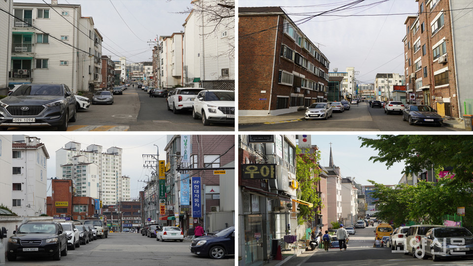 사진 위 두 장은 안말에서 통일로 방향으로 올려다 본 모습. 아래 두 장은 윗말에서 통일로 방향으로 내려다본 모습. 