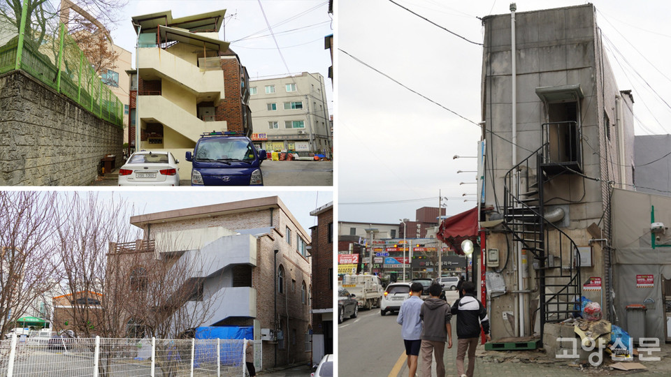 단조로운 건물들 사이에서 역동적 조형미를 뽐내는 외부계단들.