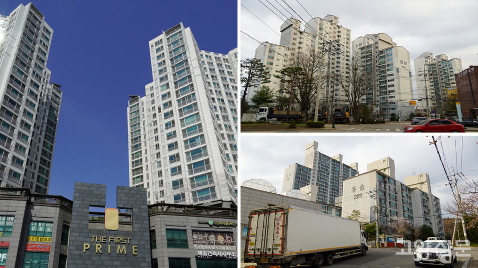 (왼쪽부터) 관산동 중심의 더퍼스트프라임 빌딩, 안말 신성아파트, 윗말 유승아파트. 