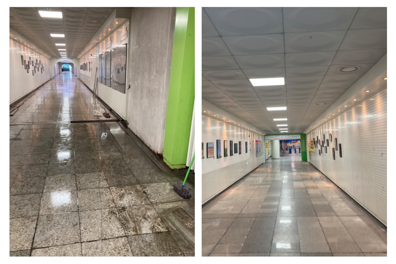 항공대역 지하보도 물고임 개선 전(왼쪽), 후(오른쪽) 모습. [사진제공=고양시]
