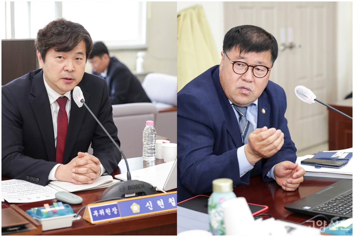 (왼쪽부터) 신청사 공론화 조례를 발의한 국민의힘 신현철 시의원과 이에 반박하는 더불어민주당 임홍열 시의원