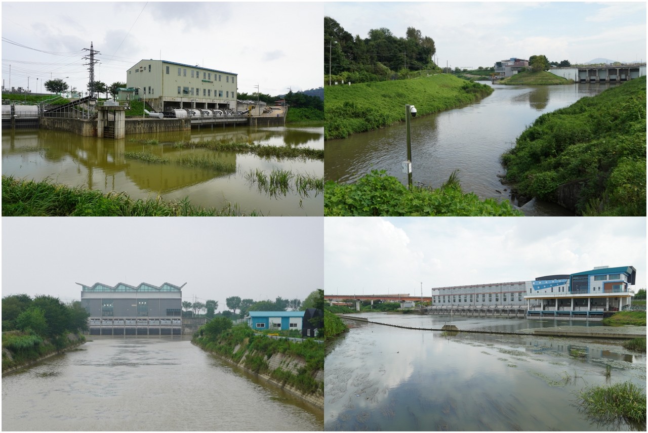 (위 왼쪽부터 시계방향) 강매배수펌프장, 대화배수펌프장, 신평배수펌프장, 송포배수펌프장