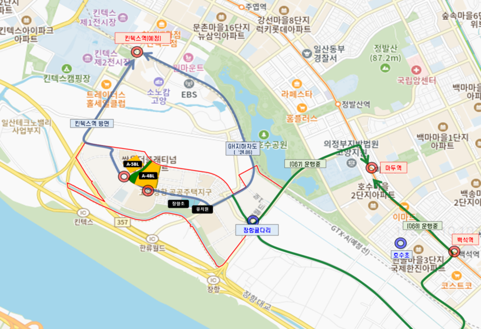 장항지구는 킨텍스역(예정) 신설에 맞춰 올해 하반기 킨텍스역 방면 버스를 추가한다고 밝혔다. 기존 마두역 방면 버스(067ㆍ068) 노선은 초록색으로 표시. [사진제공=LH고양사업본부 단지사업팀]