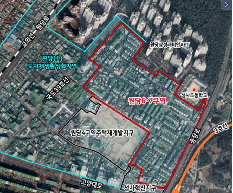 GH 주도하에 공공재기발이 추진되는 원당6·원당7구역 위치. 하지만 이곳은 민간재개발에 대한 욕구 역시 높기도 해 재개발 방향을 놓고 주민(토지등소유자) 갈등이 빚어지고 있다.