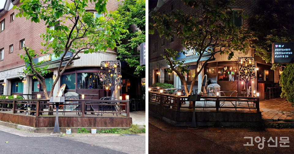 미미주점의 낮과 밤. 시원한 테라스좌석에서 여름밤의 정취를 즐길 수 있다. 