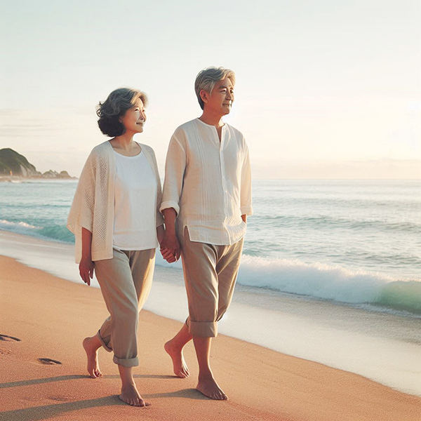 O médico de medicina oriental Yoo Young-woo escolheu a praia costeira de areia branca, que é molhada e pode estimular toda a planta do pé, como o local ideal para caminhar descalço. [이미지 = MS Copilot으로 생성] 