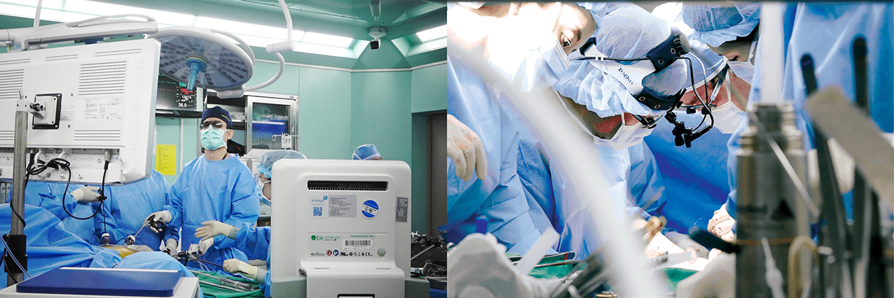 명지병원 외과 임마누엘 교수의 간 이식수술(사진 왼쪽)과 심장혈관흉부외과 백효채·황은구 교수 폐 이식수술(사진 오른쪽) 장면. [사진 제공 = 명지병원]